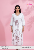 White Embroidered Straight Kurta for Women | Lavender Floral Kurti with V-Neck