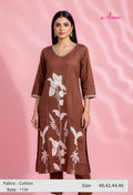 Brown Embroidered Straight Kurta for Women | Floral Work Kurti with V-Neck