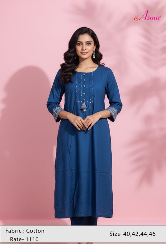 Teal Blue Embellished Straight Kurta for Women | Button Detail Kurti with Tassels