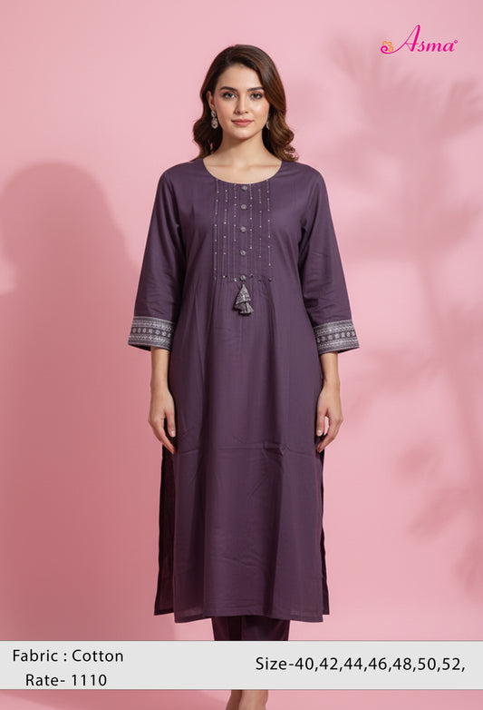 Plum Purple Embellished Straight Kurta for Women | Button Detail Kurti with Tassels