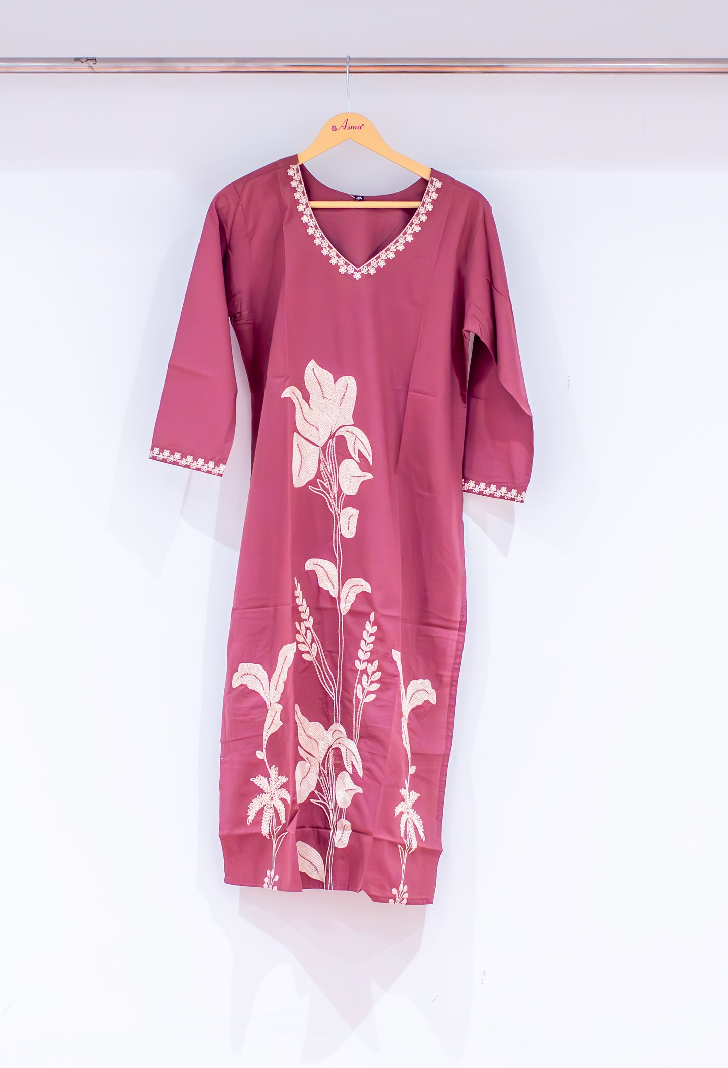 Wine Embroidered Straight Kurta for Women | Floral Work Kurti with V-Neck