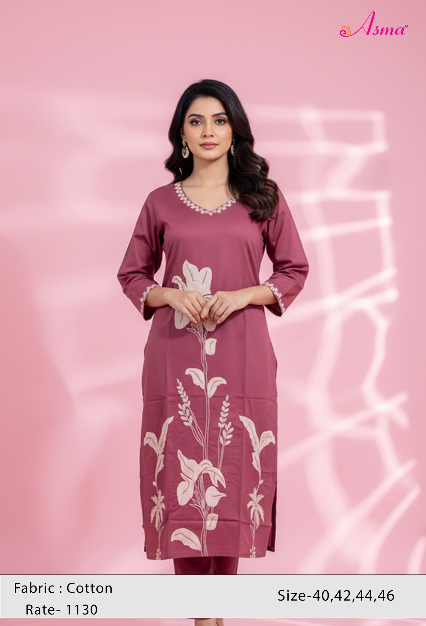 Wine Embroidered Straight Kurta for Women | Floral Work Kurti with V-Neck