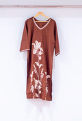 Brown Embroidered Straight Kurta for Women | Floral Work Kurti with V-Neck