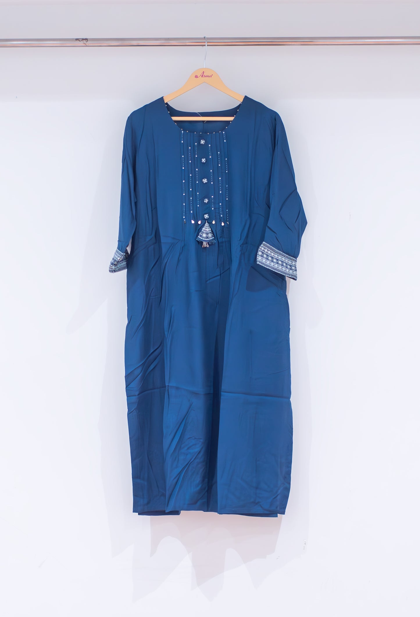 Teal Blue Embellished Straight Kurta for Women | Button Detail Kurti with Tassels