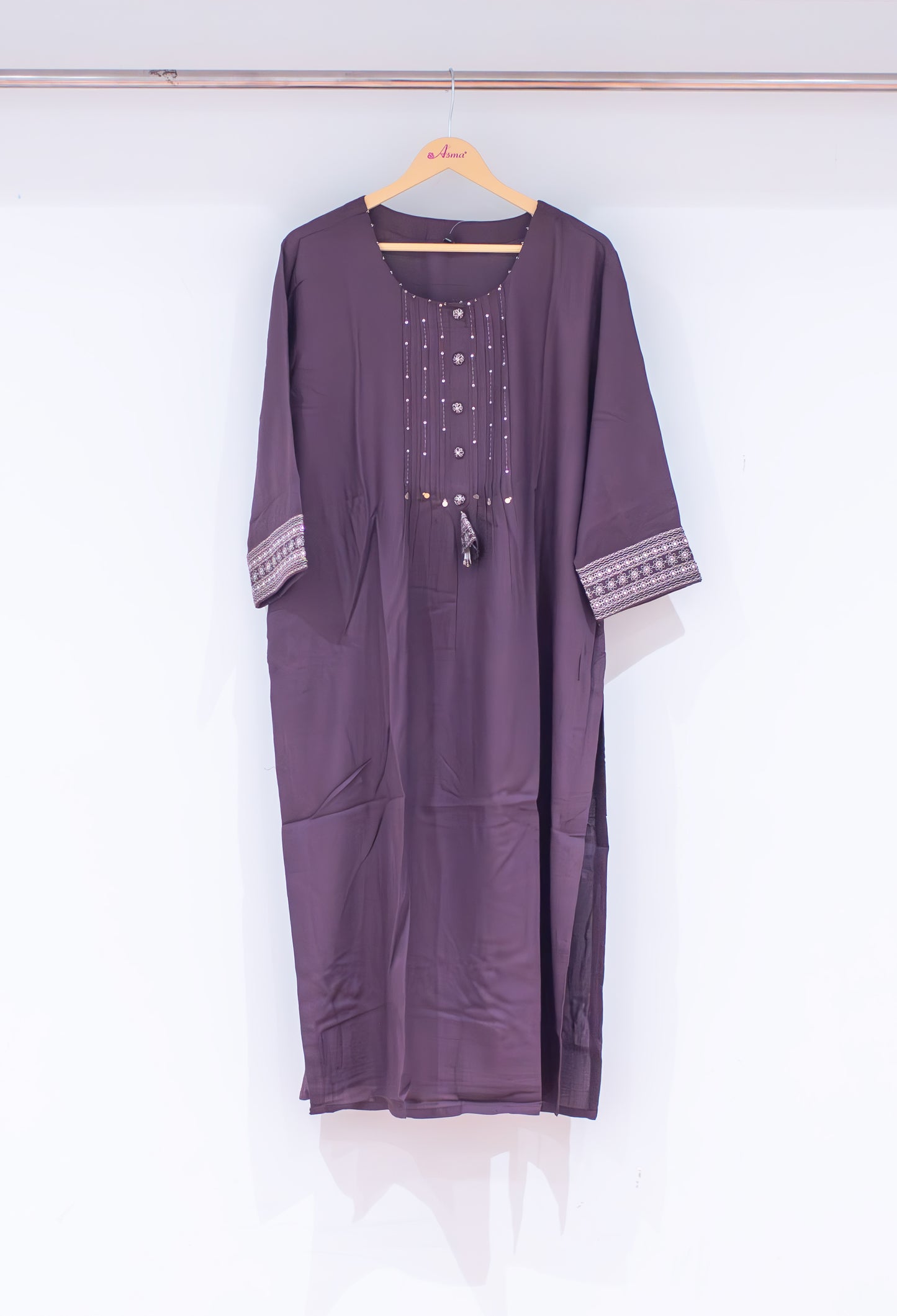 Plum Purple Embellished Straight Kurta for Women | Button Detail Kurti with Tassels