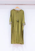 Olive Green Embellished Straight Kurta for Women | Button-Detail Kurti with Tassels