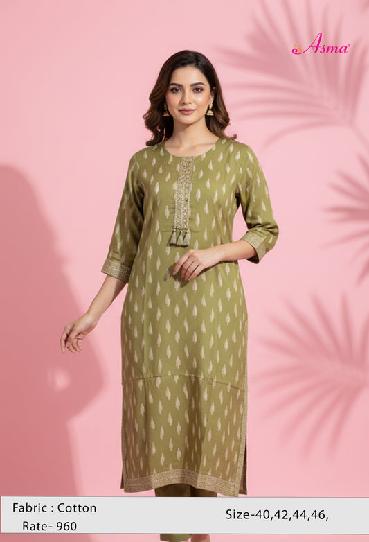 Olive Green Printed Straight Kurta for Women | Embroidered Neckline Ethnic Kurti
