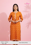 Orange Printed Straight Kurta for Women | Embroidered Neckline Ethnic Kurti
