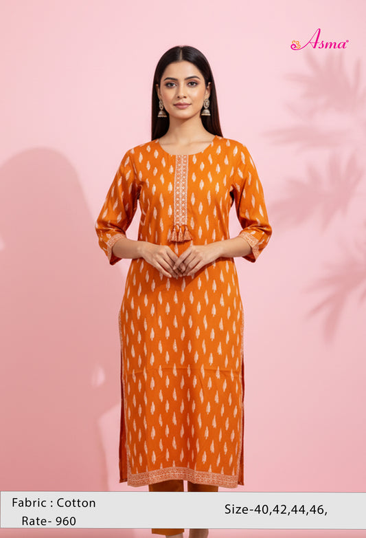 Orange Printed Straight Kurta for Women | Embroidered Neckline Ethnic Kurti