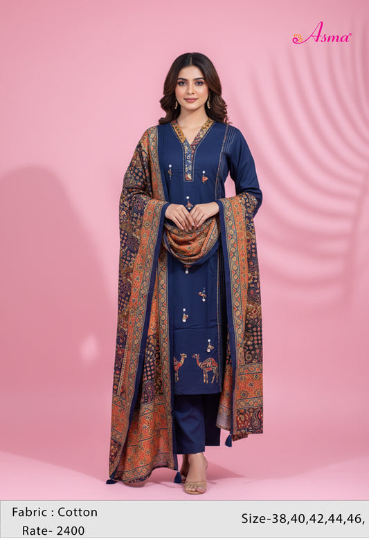 Navy Blue Printed Kurta Set for Women | Ethnic Kurti with Palazzo & Dupatta