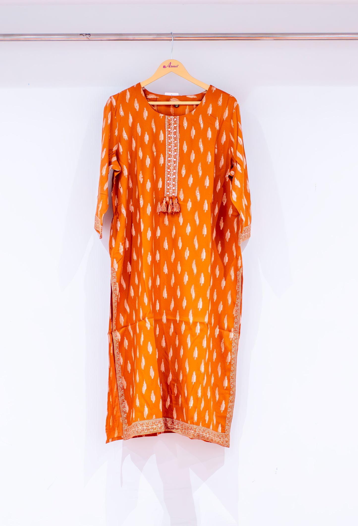 Orange Printed Straight Kurta for Women | Embroidered Neckline Ethnic Kurti