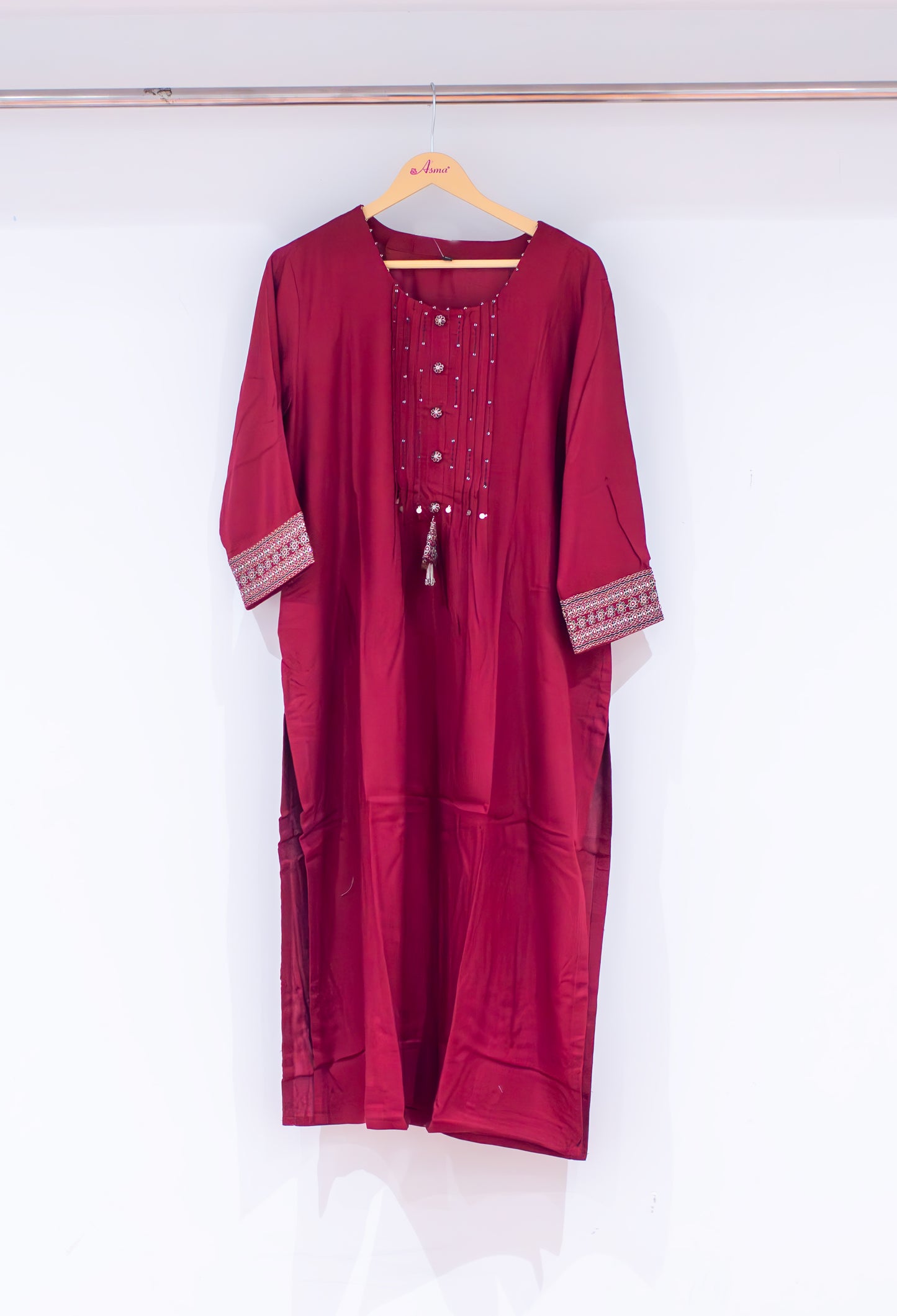 Maroon Embellished Straight Kurta for Women | Button Detail Kurti with Tassels