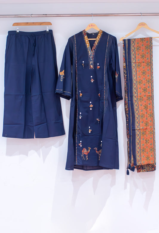 Navy blue printed kurta set with palazzo and dupatta – product image 2