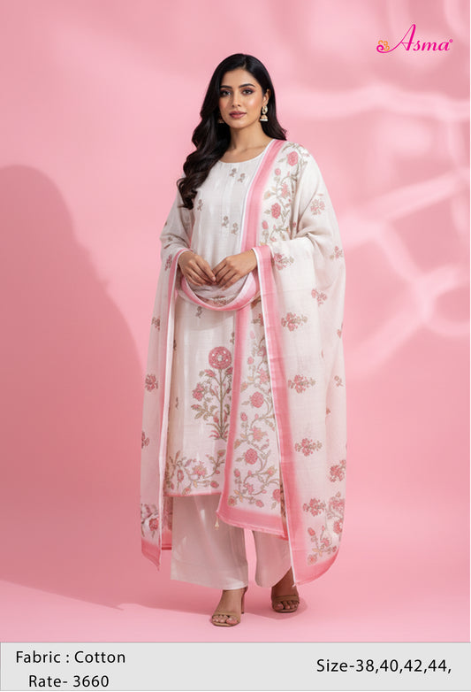 Ivory Floral Printed Kurta Set for Women | Straight Kurti with Pants & Dupatta