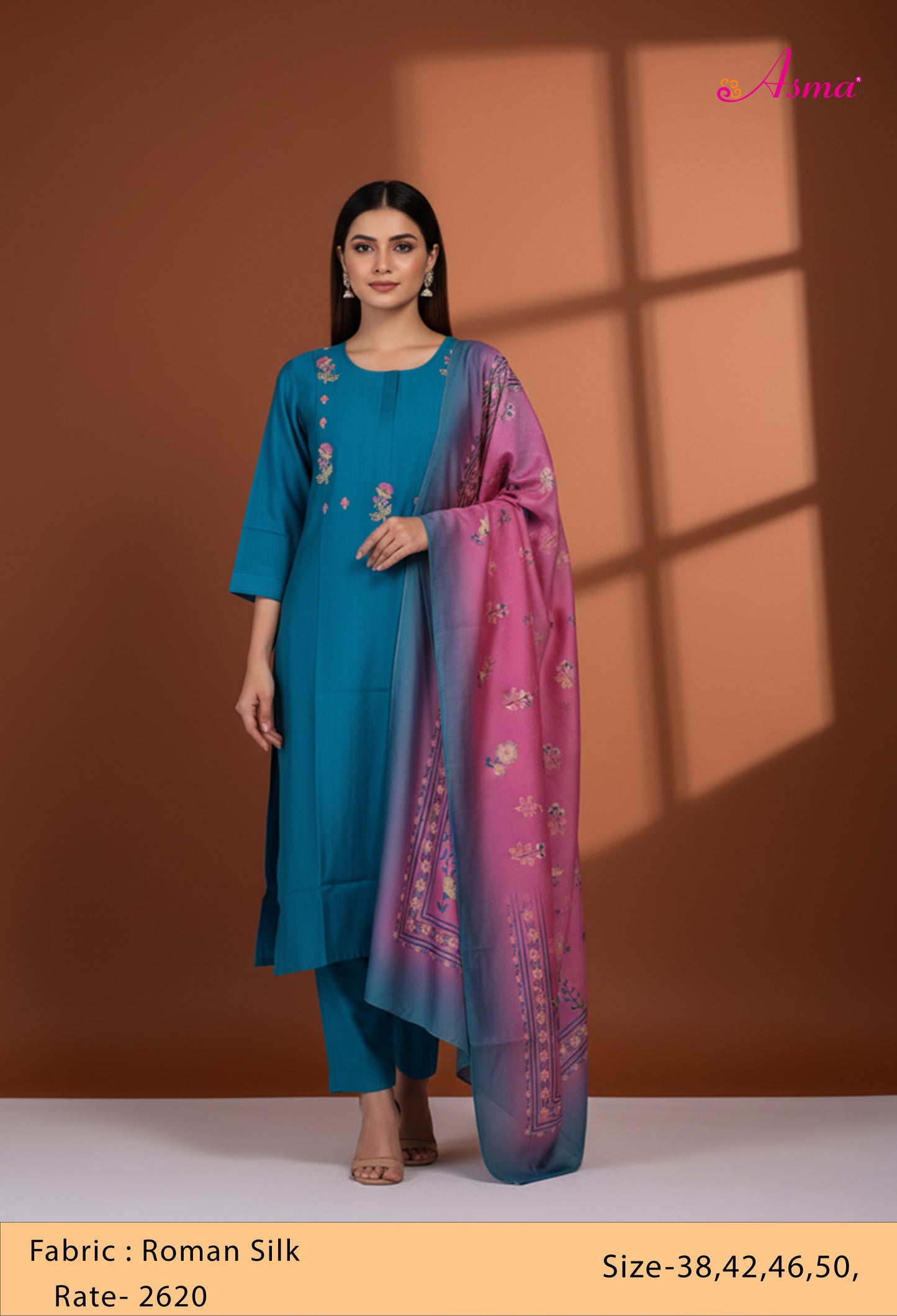 Teal Blue Straight Cut Floral Embroidered Kurta Pant Dupatta Set for Women