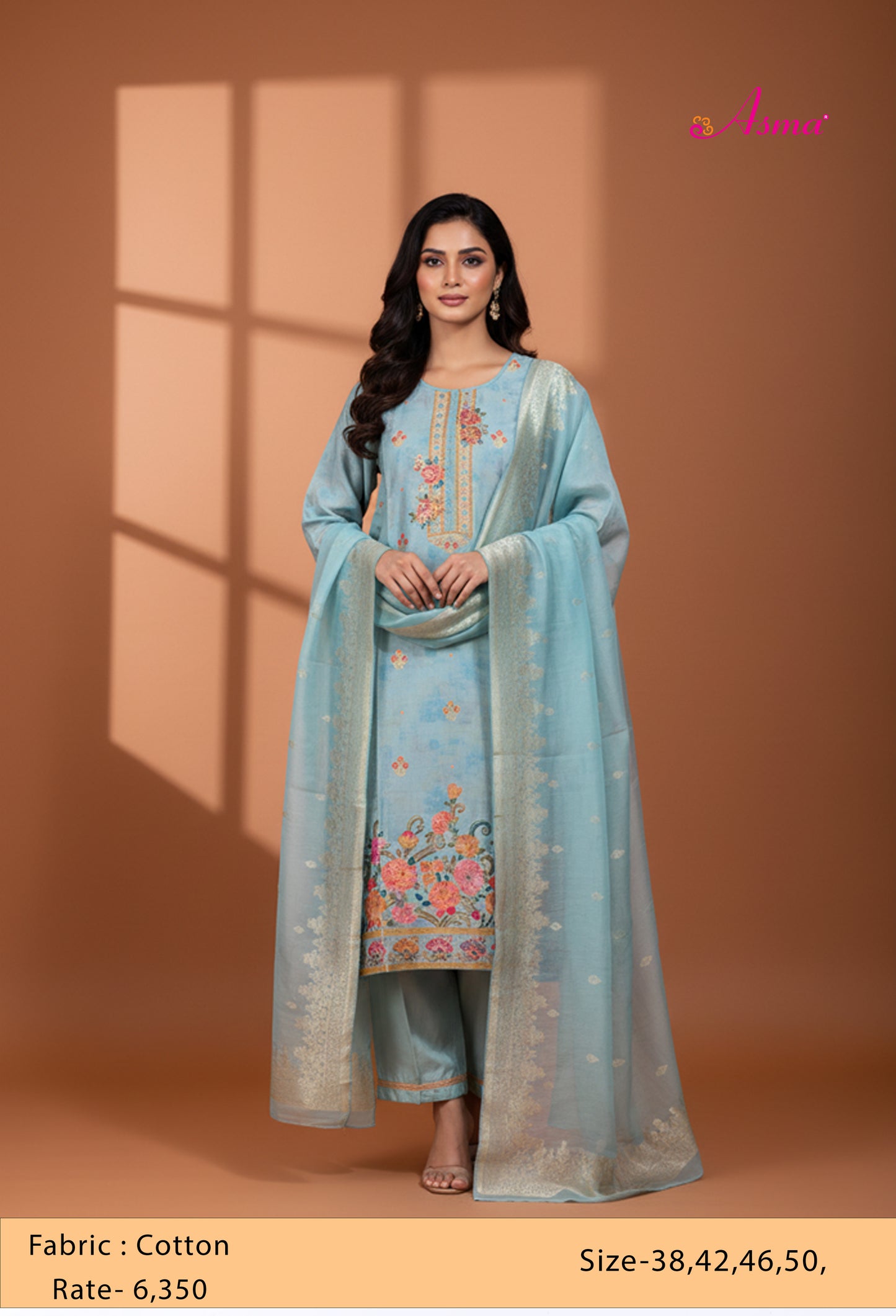 Aqua Blue Straight Cut Floral Embroidered Kurta Pant Dupatta Set for Women