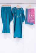 Teal Blue Straight Cut Floral Embroidered Kurta Pant Dupatta Set for Women