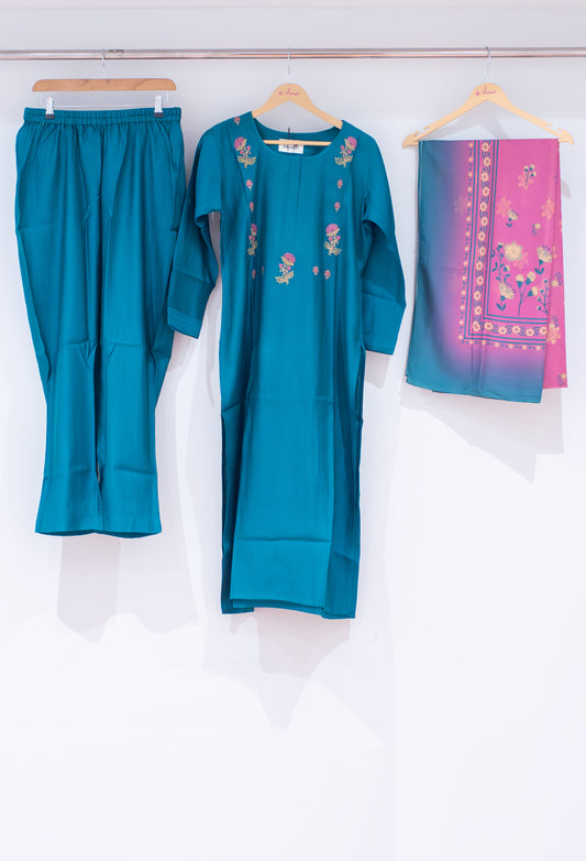 Teal blue floral embroidered straight-cut kurta pant dupatta set – product image 2