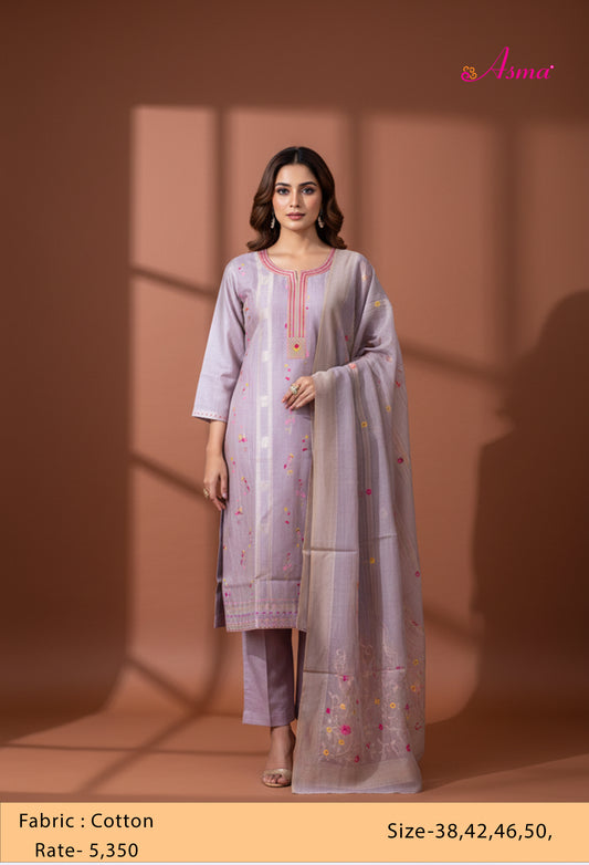 Lavender Straight Cut Floral Embroidered Kurta Pant Dupatta Set for Women