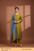 Olive Green Straight Cut Embroidered Kurta Pant Dupatta Set for Women with Contrast Dupatta