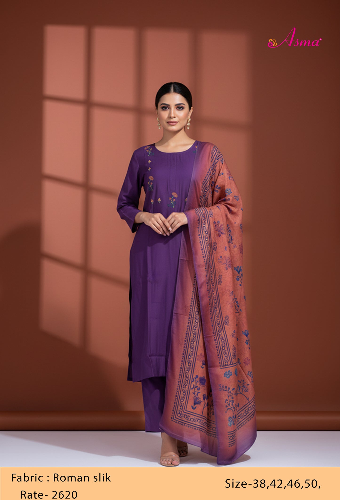 Purple Straight Cut Floral Embroidered Kurta Pant Dupatta Set for Women