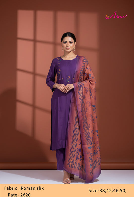 Purple Straight Cut Floral Embroidered Kurta Pant Dupatta Set for Women
