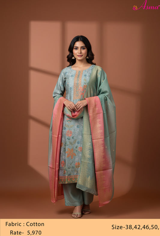 Sea Green Straight Cut Floral Embroidered Kurta Pant Dupatta Set for Women