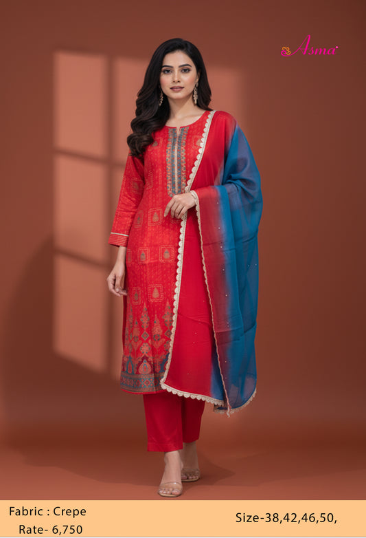 Red Straight Cut Printed Kurta Pant Dupatta Set for Women with Contrast Dupatta