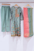 Sea Green Straight Cut Floral Embroidered Kurta Pant Dupatta Set for Women