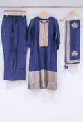 Navy Blue Straight Cut Embroidered Kurta Pant Dupatta Set for Women
