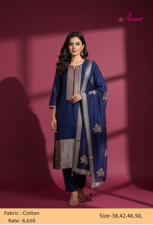 Navy Blue Straight Cut Embroidered Kurta Pant Dupatta Set for Women
