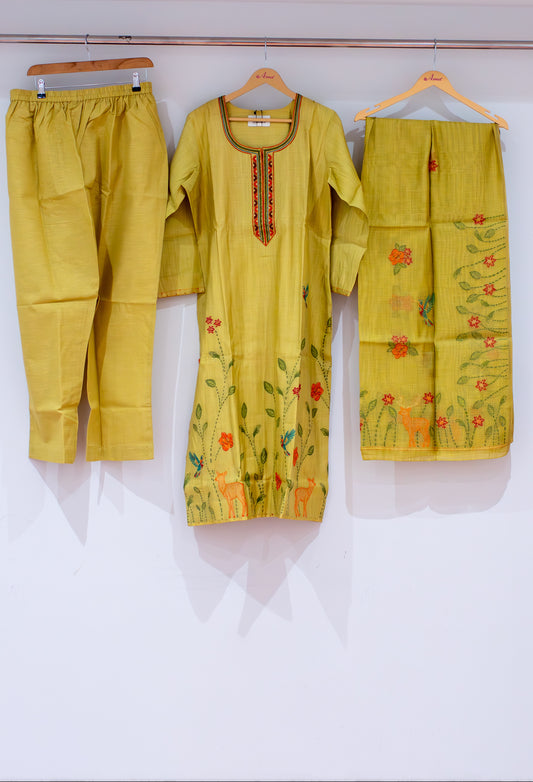 Mustard yellow embroidered straight-cut kurta pant dupatta set – product image 2