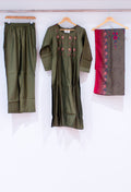 Olive Green Straight Cut Embroidered Kurta Pant Dupatta Set for Women