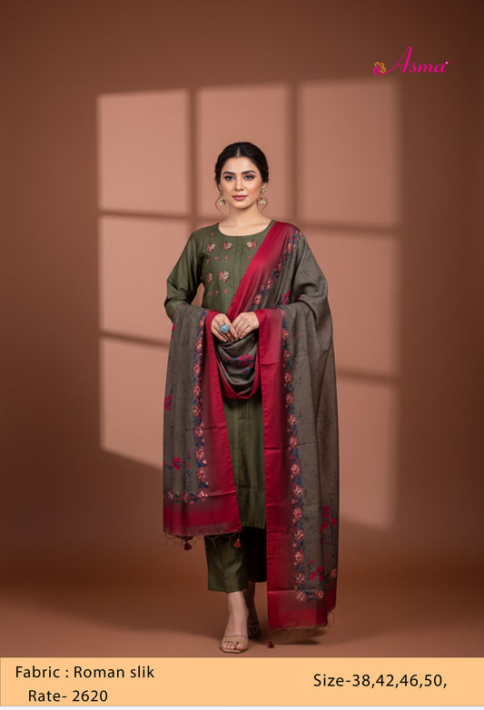 Olive Green Straight Cut Embroidered Kurta Pant Dupatta Set for Women