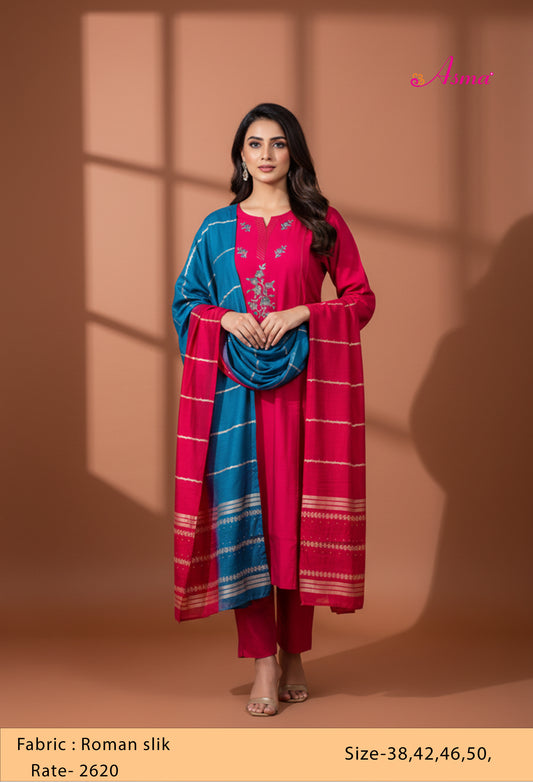 Rani Pink Straight Cut Embroidered Kurta Pant Dupatta Set for Women