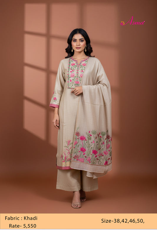 Beige Straight Cut Embroidered Kurta Pant Dupatta Set for Women – Elegant Ethnic Wear
