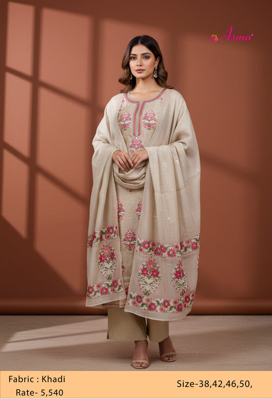Beige Straight Cut Floral Embroidered Kurta Pant Dupatta Set for Women