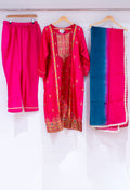Rani Pink Straight Cut Embroidered Kurta Pant Dupatta Set for Women with Contrast Dupatta