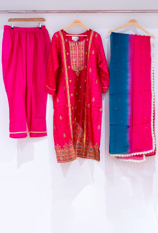 Rani pink embroidered straight-cut kurta pant set with contrast dupatta – product image 2