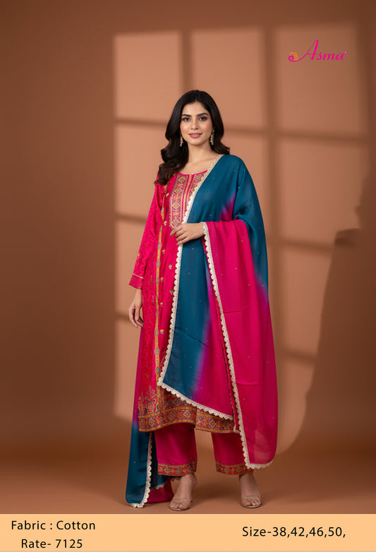 Rani Pink Straight Cut Embroidered Kurta Pant Dupatta Set for Women with Contrast Dupatta