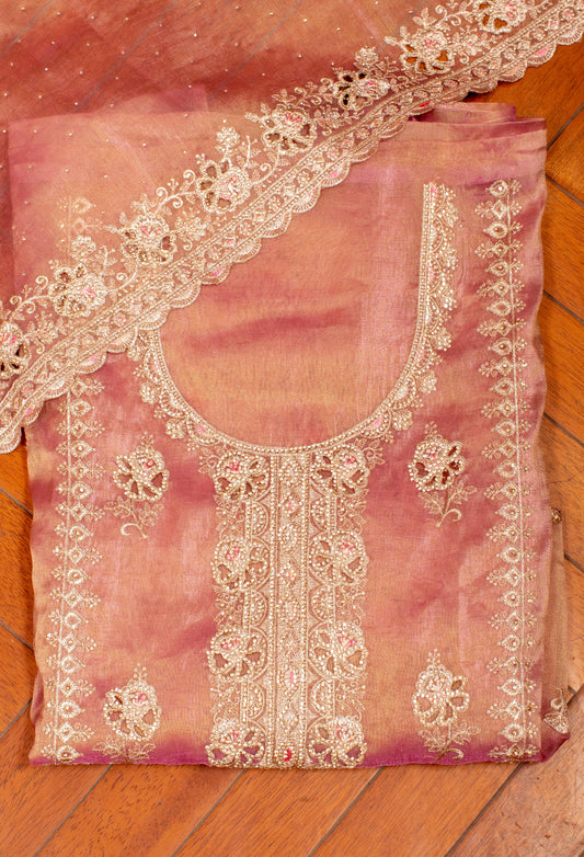 Peach ombre embroidered unstitched dress material with dupatta – product image 2