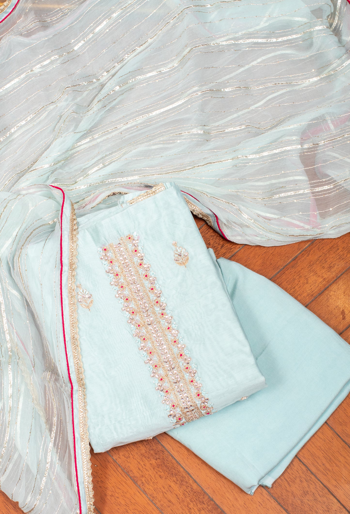 Sky Blue Embroidered Unstitched Dress Material with Shimmer Dupatta