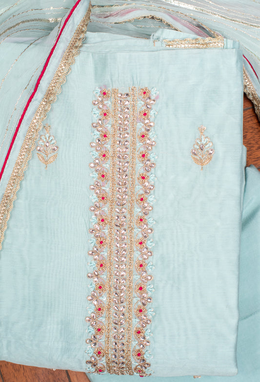 Sky blue embroidered unstitched dress material with shimmer dupatta – product image 2