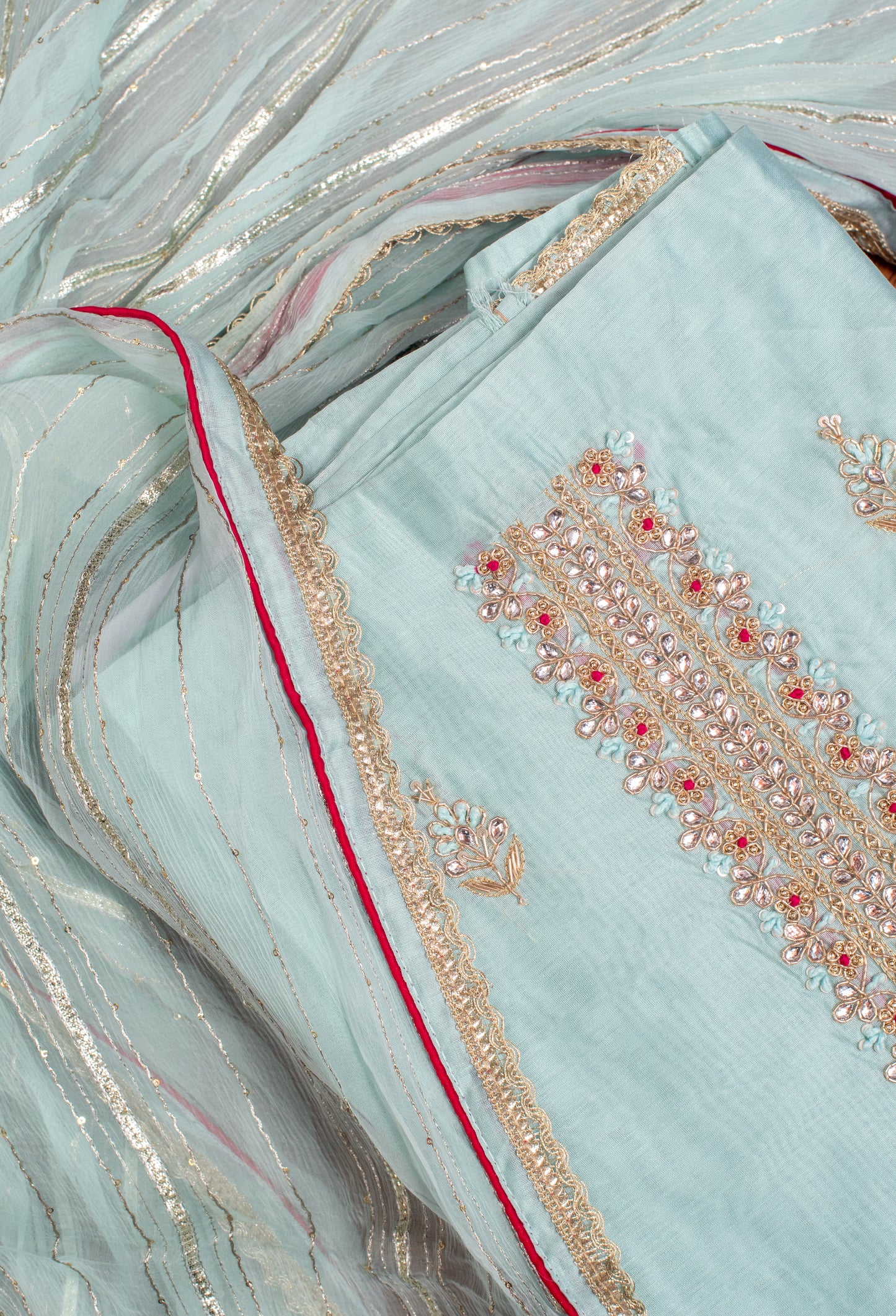 Sky Blue Embroidered Unstitched Dress Material with Shimmer Dupatta