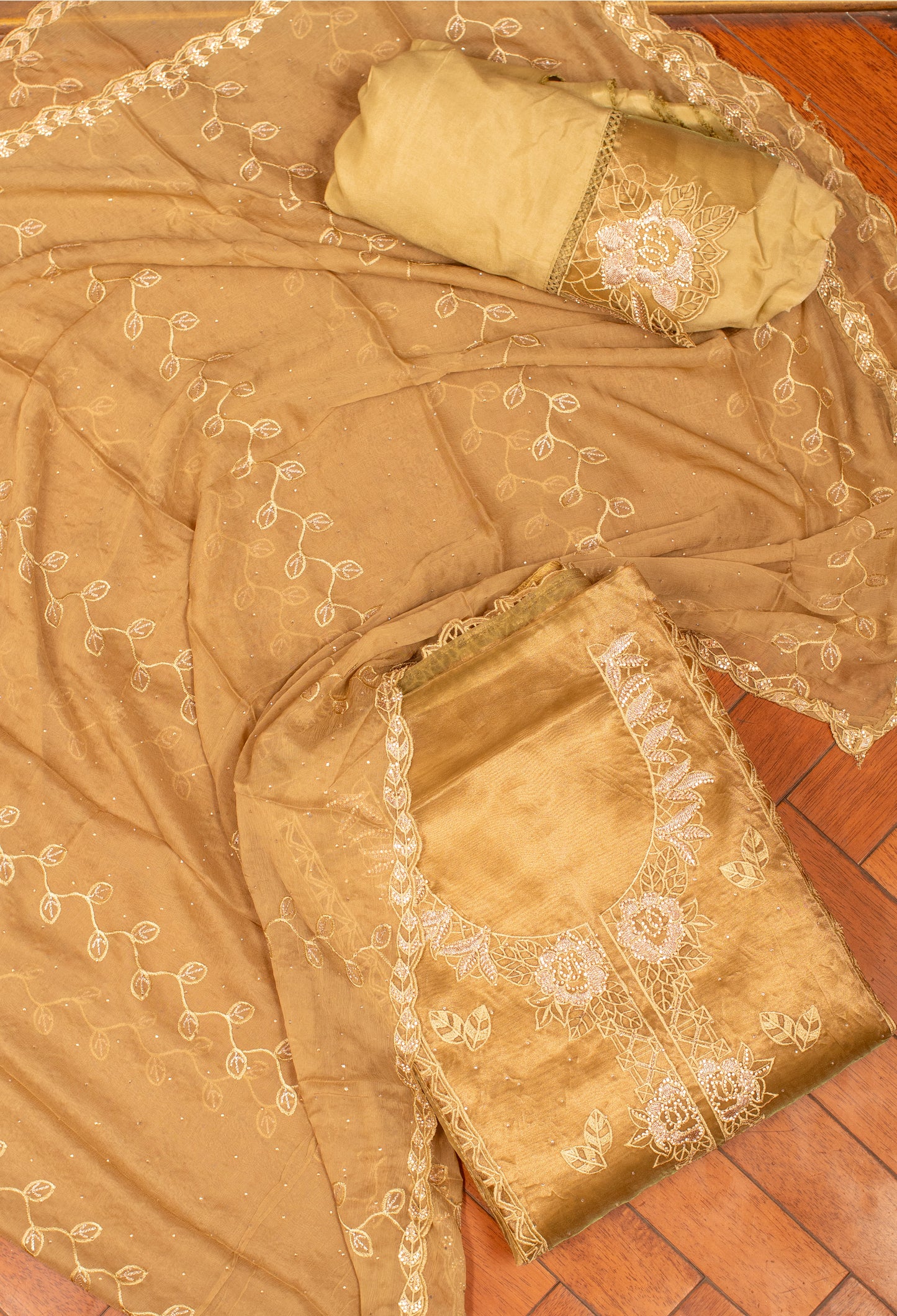 Golden Embroidered Unstitched Dress Material with Designer Dupatta