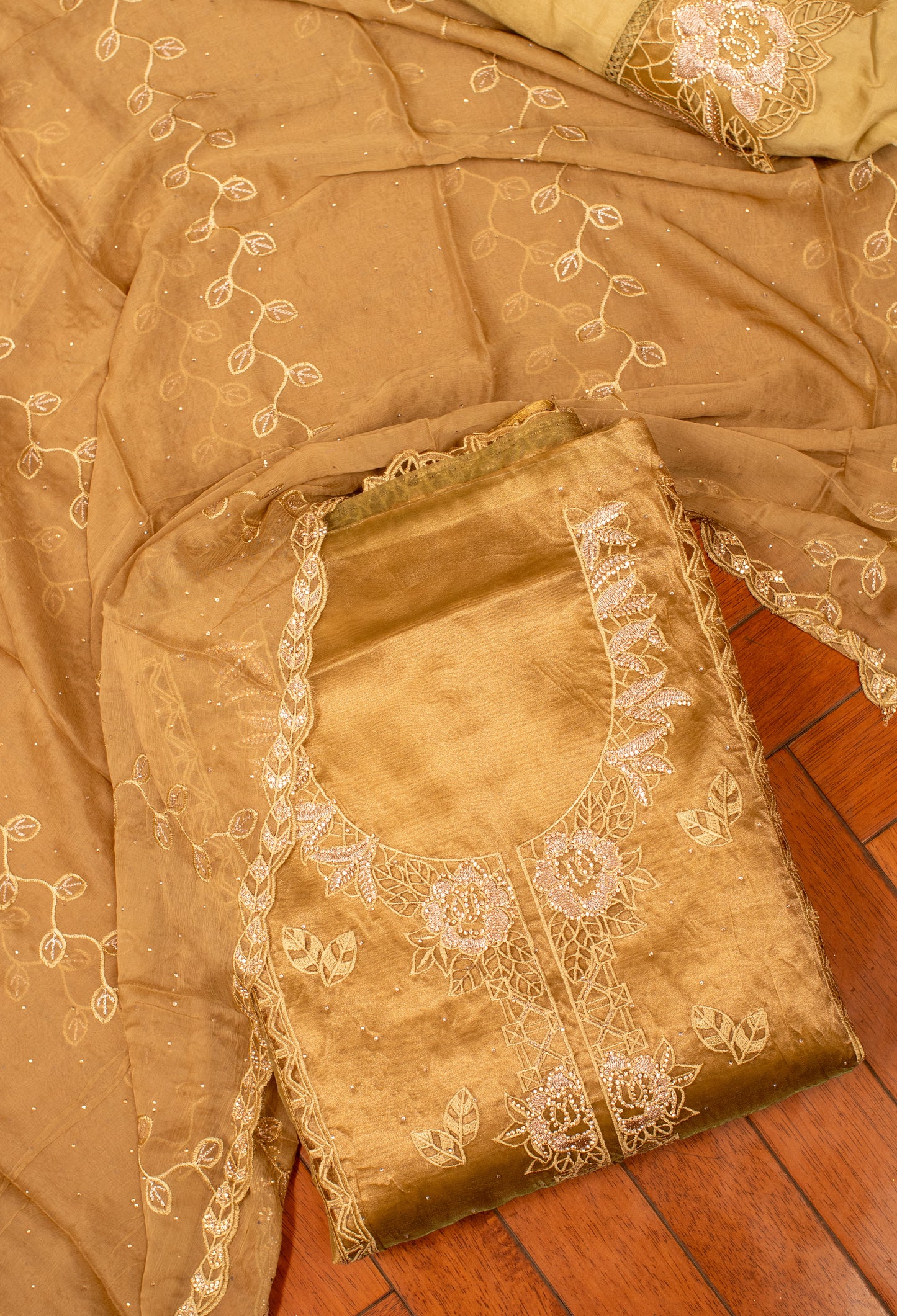 Golden Embroidered Unstitched Dress Material with Designer Dupatta