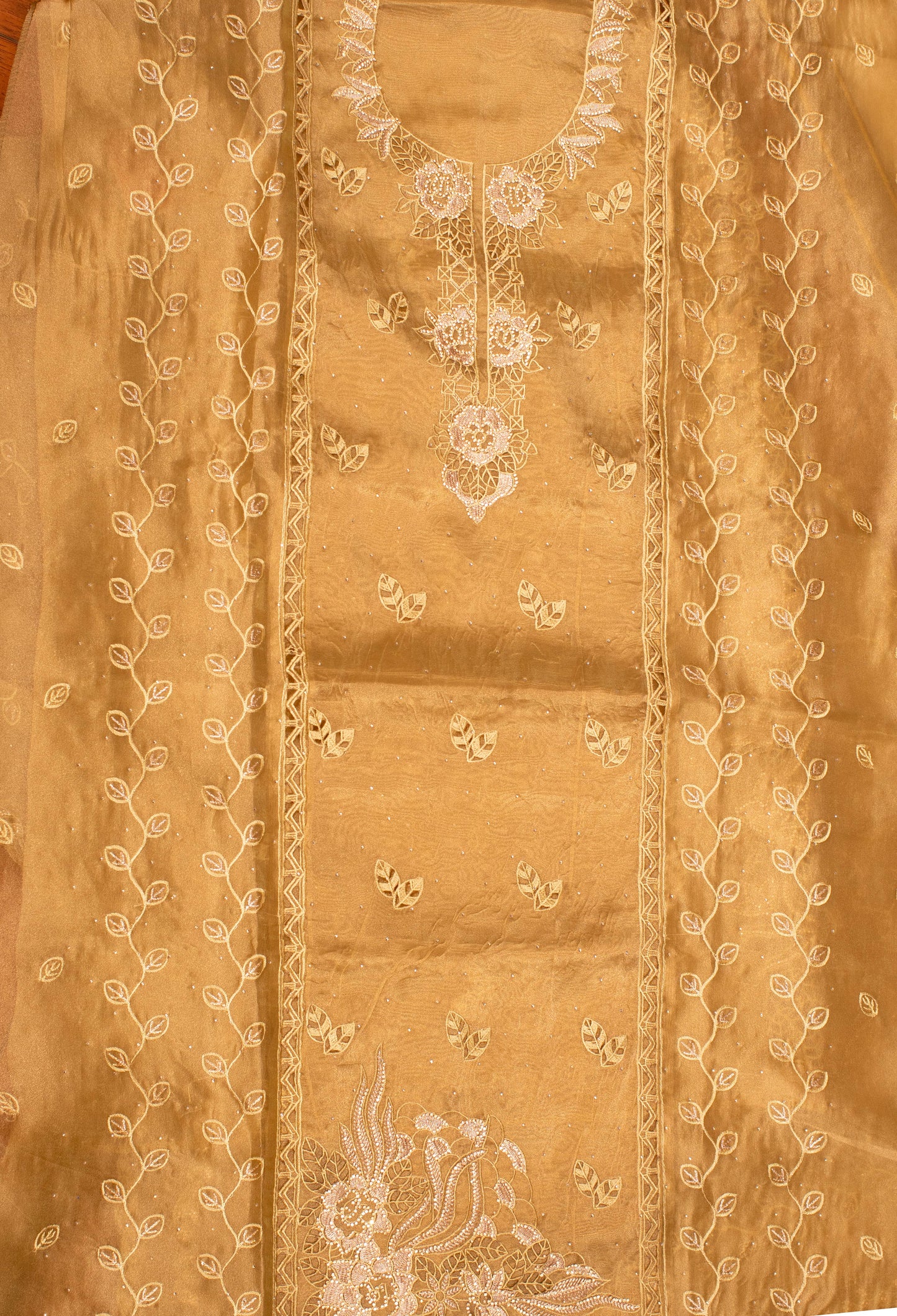 Golden Embroidered Unstitched Dress Material with Designer Dupatta