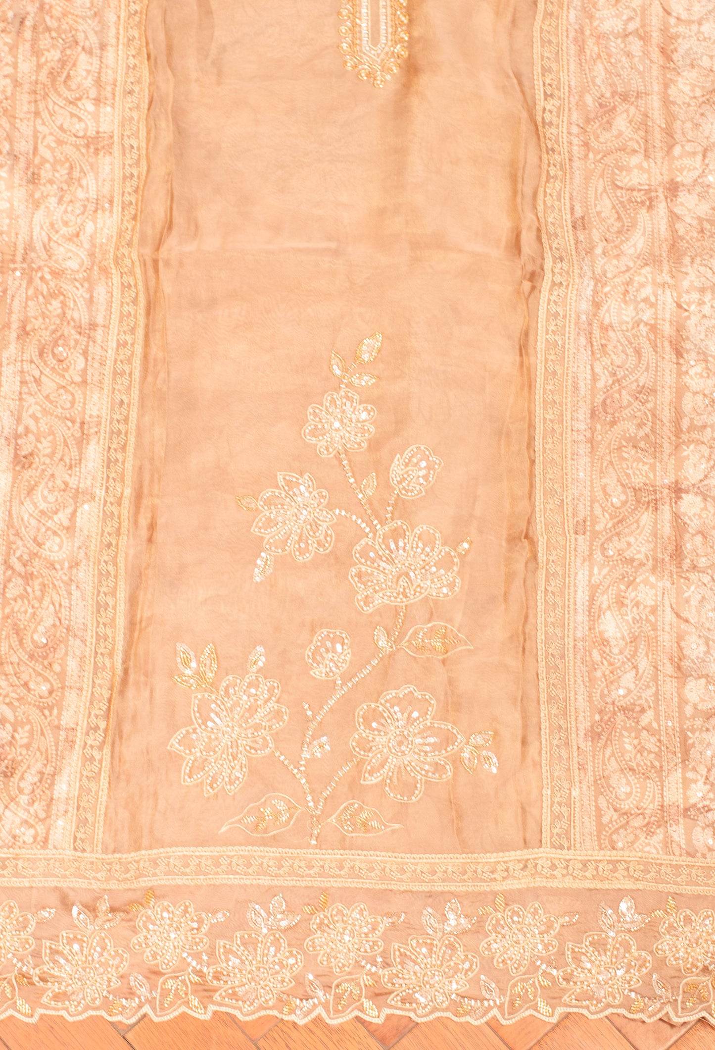 Beige Embroidered Unstitched Dress Material with Dupatta & Bottom – Festive Wear