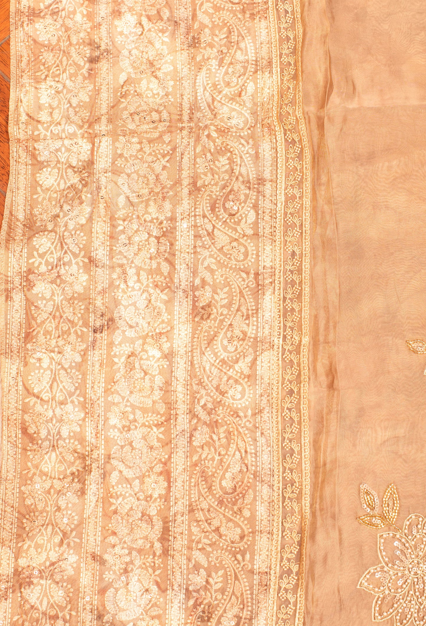 Beige Embroidered Unstitched Dress Material with Dupatta & Bottom – Festive Wear