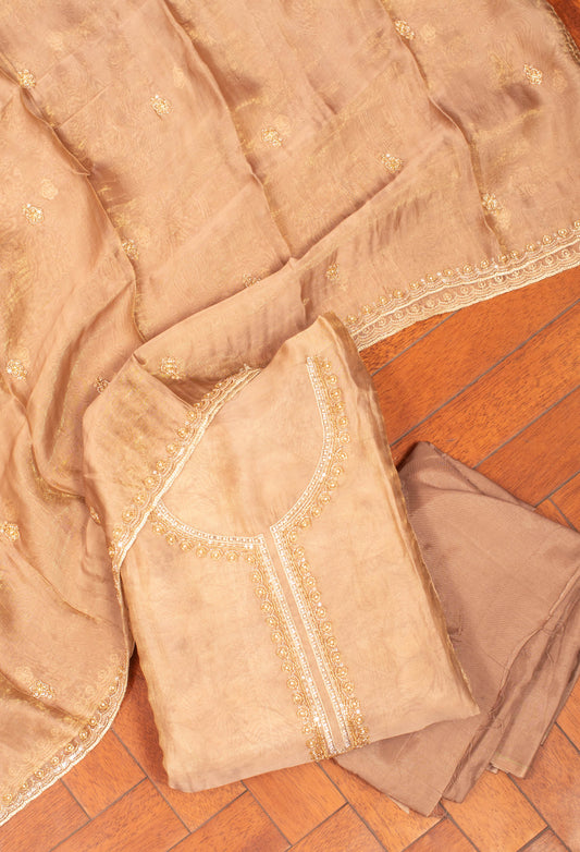 Beige Embroidered Unstitched Dress Material with Dupatta & Bottom – Festive Wear